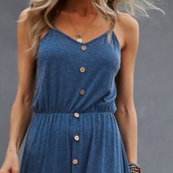 Blue Lace Buttons detail Ruffle Hem Cami Dress - Picture 4 of 5